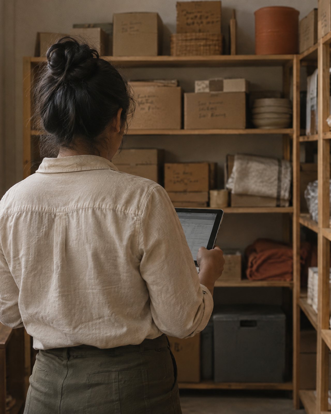 Dueña de una tienda revisando su inventario en una tablet